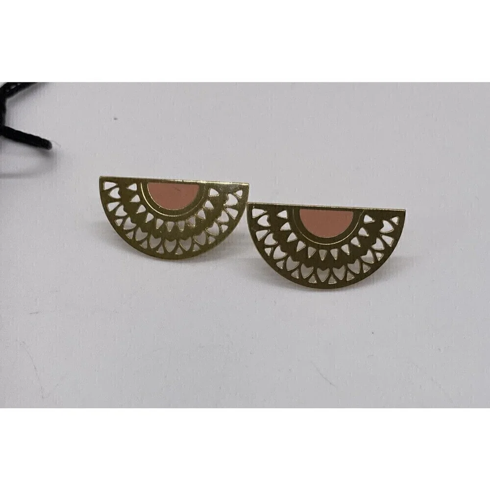 Chic Alors Paris Gold Tone Half Moon Filigree Pink Enamel Detail Earrings Boho